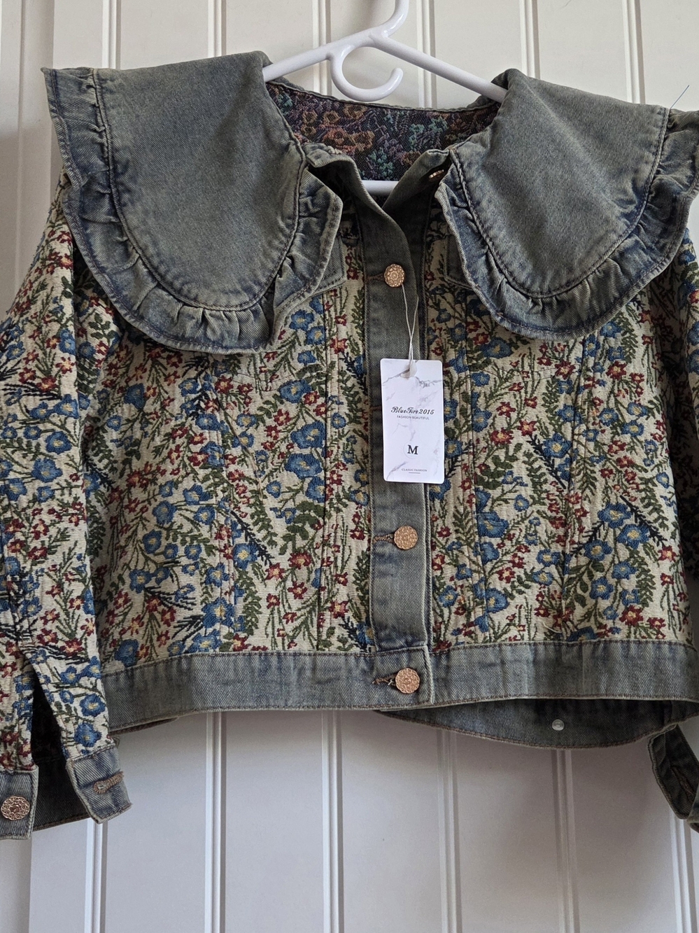 BlueFire 2015 Brocade Floral Denim Crop Jacket Jacquard Medium
